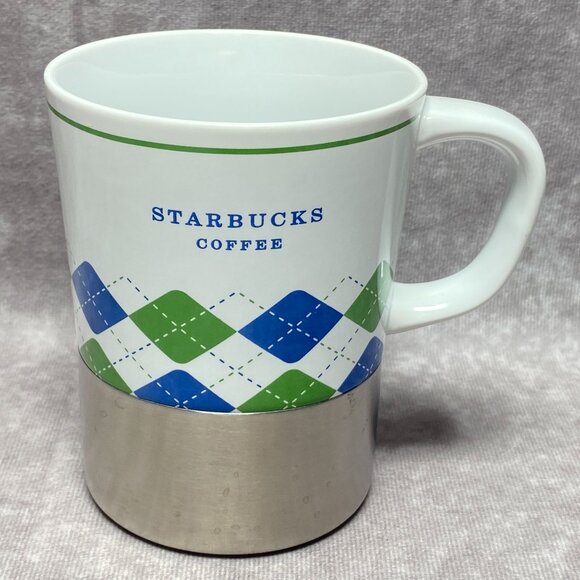Starbucks 2006 Coffee Mug Argyle Diamond Plaid  Blue Green Ceramic Stainless Cup - Picture 1 of 9